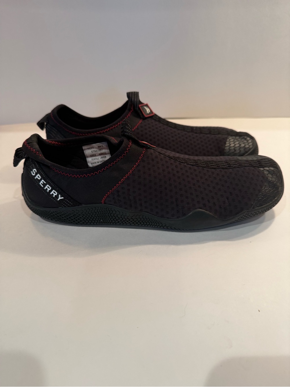Sperry Black Slip-On Mesh Water Shoes with Red Stitching